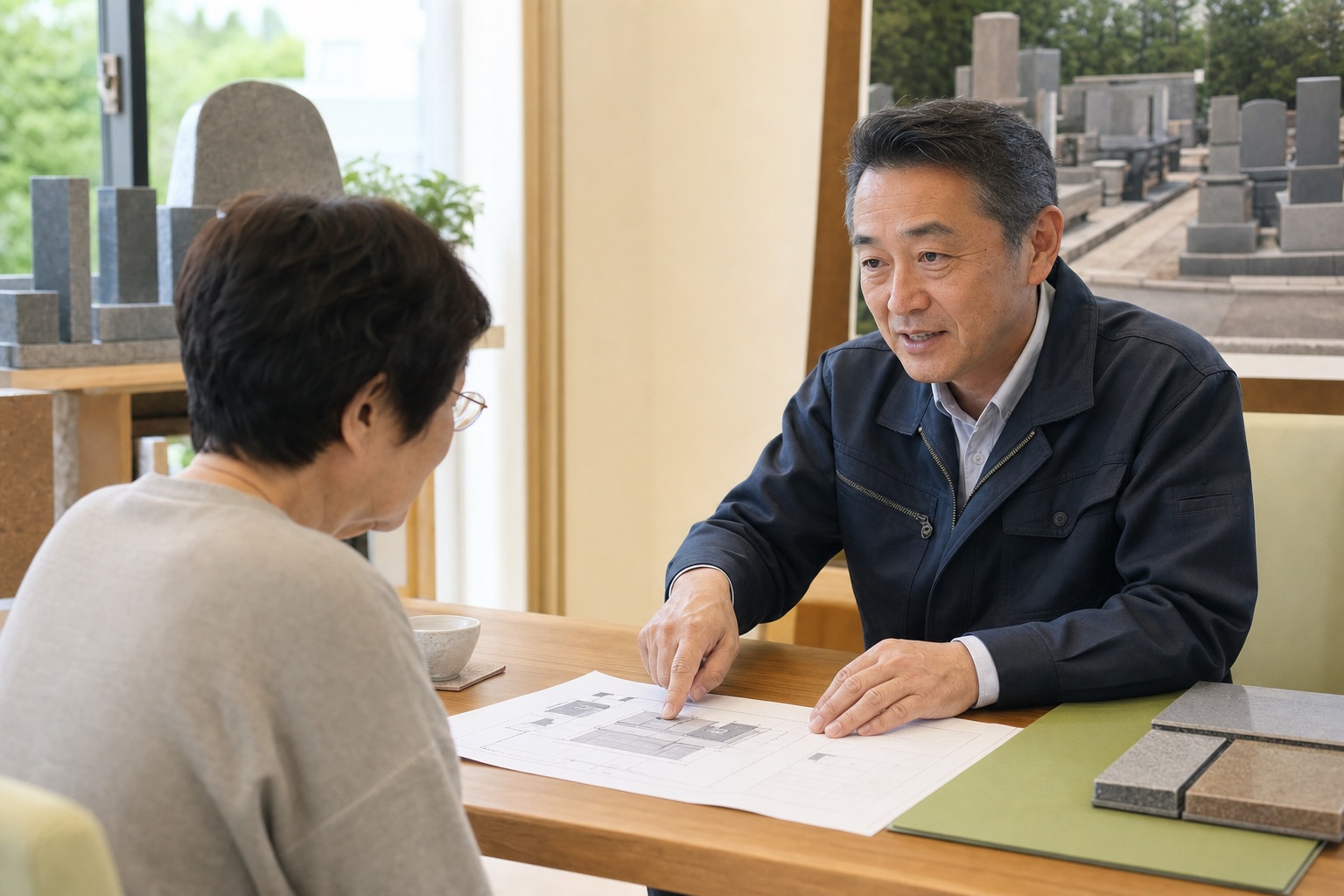 石材見本と図面を見ながらご希望を整理します