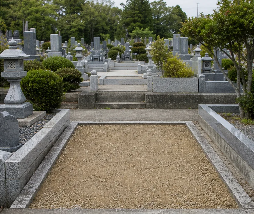 墓石や外柵、基礎を撤去して平らに整えた墓所