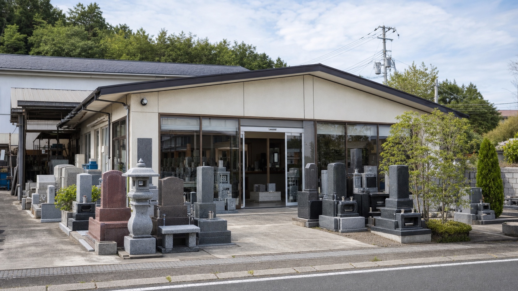 墓石を展示する田中石材店の店舗外観